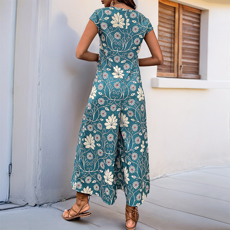 Damen-Jumpsuit mit Blumendesign und kastanienbraunem Bindegürtel, Größe
