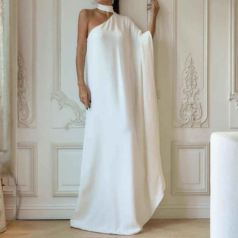 Women's elegant one-shoulder evening dress with flowing fabric and chic collar, size S