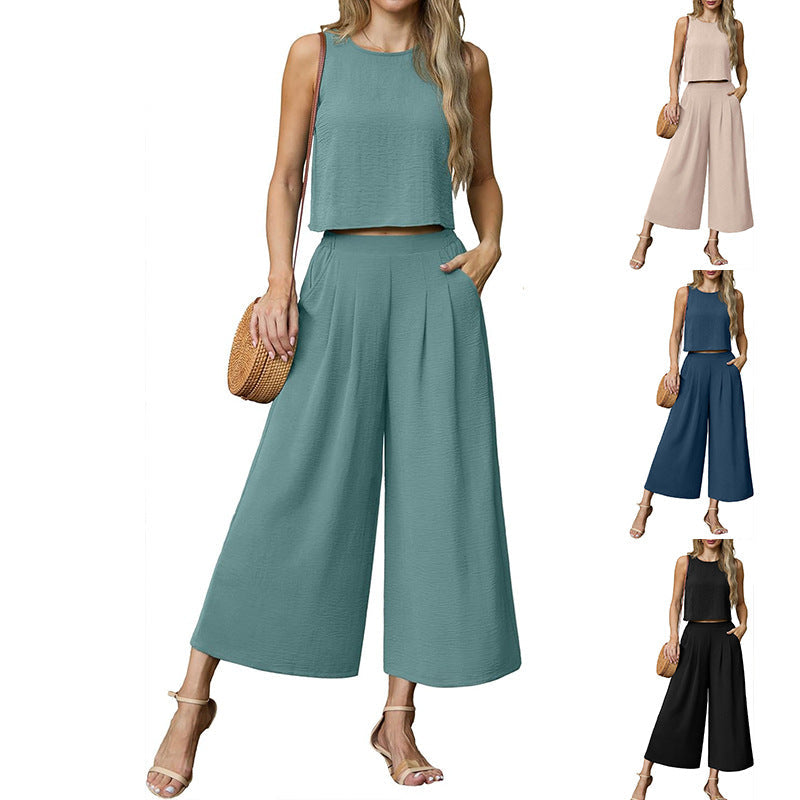Luftiges Zweiteiler-Set für Damen mit weit geschnittener Hose und ärmellosem Oberteil, Größe [size]