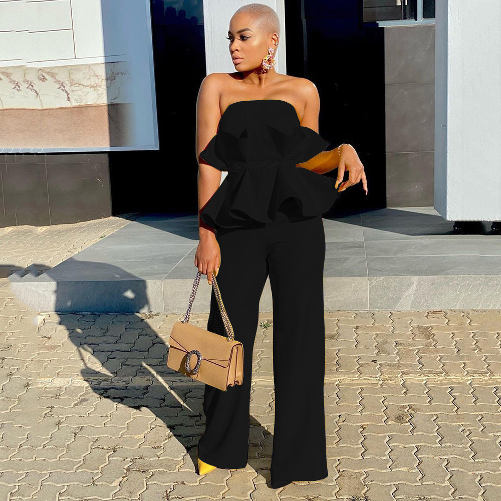 Damen-Jumpsuit mit voluminösen Rüschen und schulterfreiem Oberteil, Größe