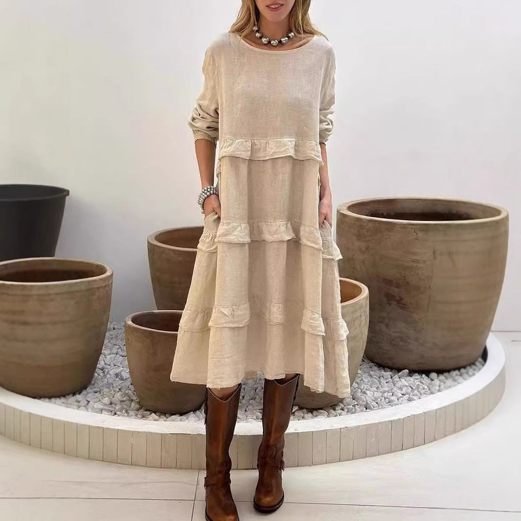 Valenzora | Langärmliges Kleid mit Rüschen und Rundhalsausschnitt