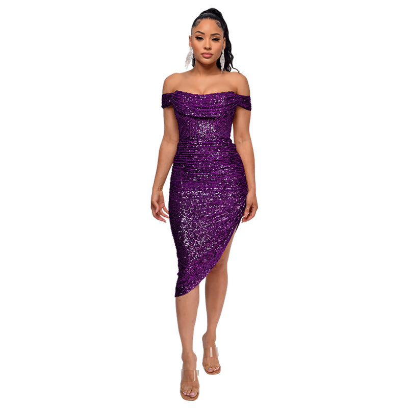 Valenzora | Shawl collar sequin midi dress