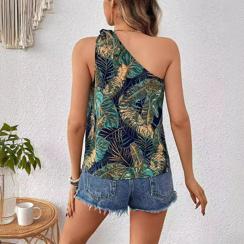 Women's asymmetrical top with elegant botanical print and chic bow detail, size Valenzora