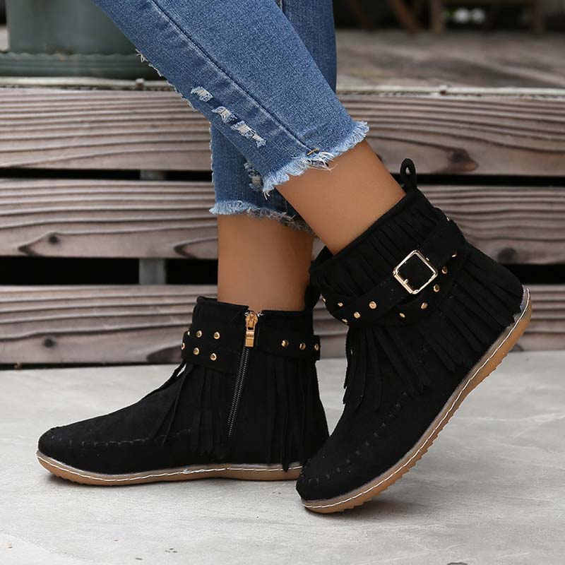 Valenzora | Boho ankle boots with fringes and buckles for women