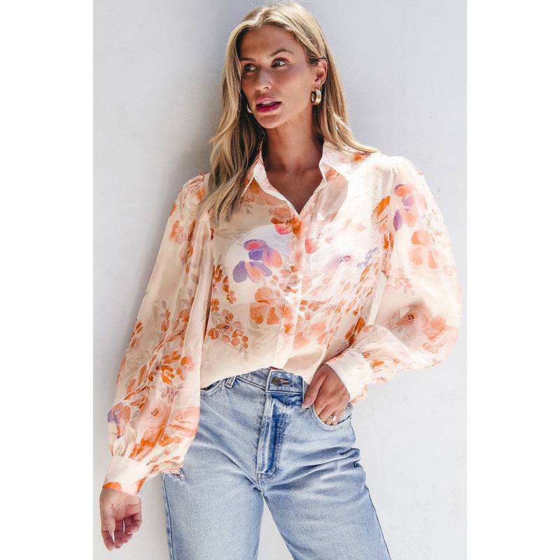 Luftige Damen-Blusenshirt mit Blumenmuster und voluminösen Ärmeln, Größe S