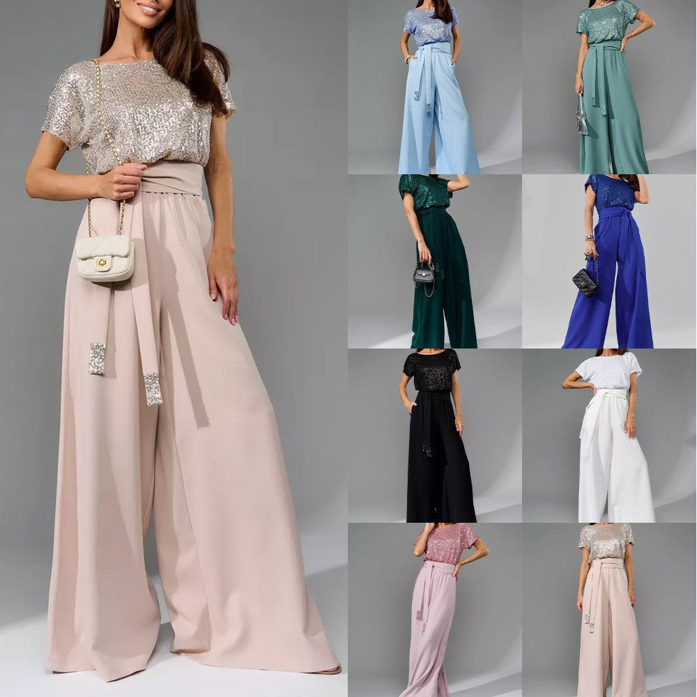 Damen-Glamour-Jumpsuit mit Glitzeroberteil und weit geschnittener Hose, Größe