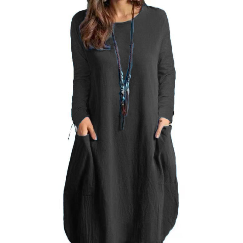 Valenzora | Relaxed Cotton-Linen Solid Color Pocket Long Sleeve Dress