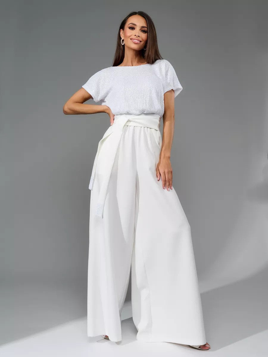 Damen-Glamour-Jumpsuit mit Glitzeroberteil und weit geschnittener Hose, Größe