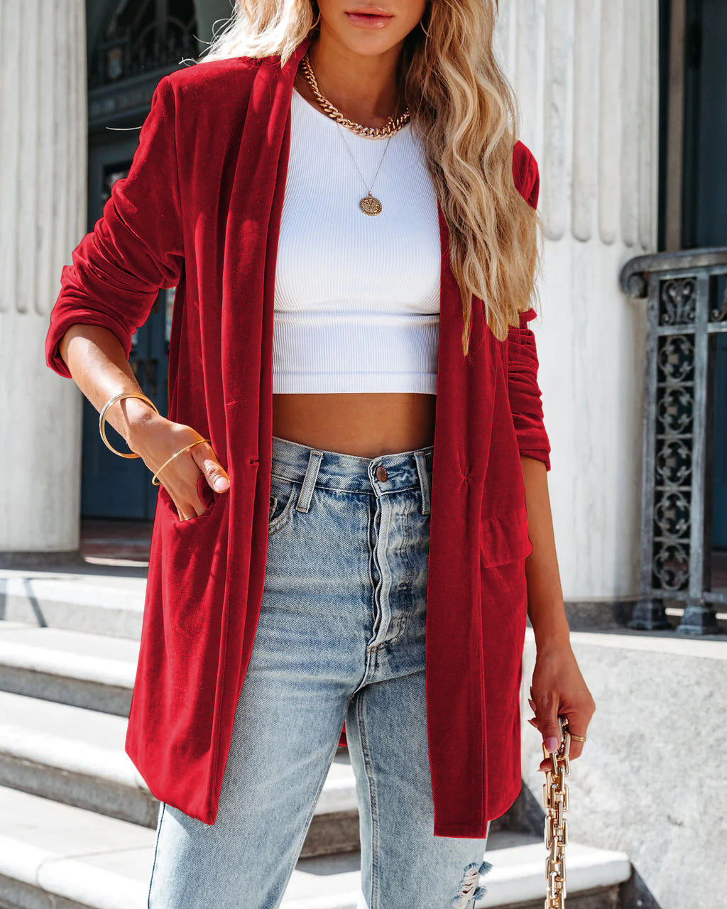 Damen lässige Long-Strickjacke mit seitlichen Eingrifftaschen und offenem Schnitt, Größe