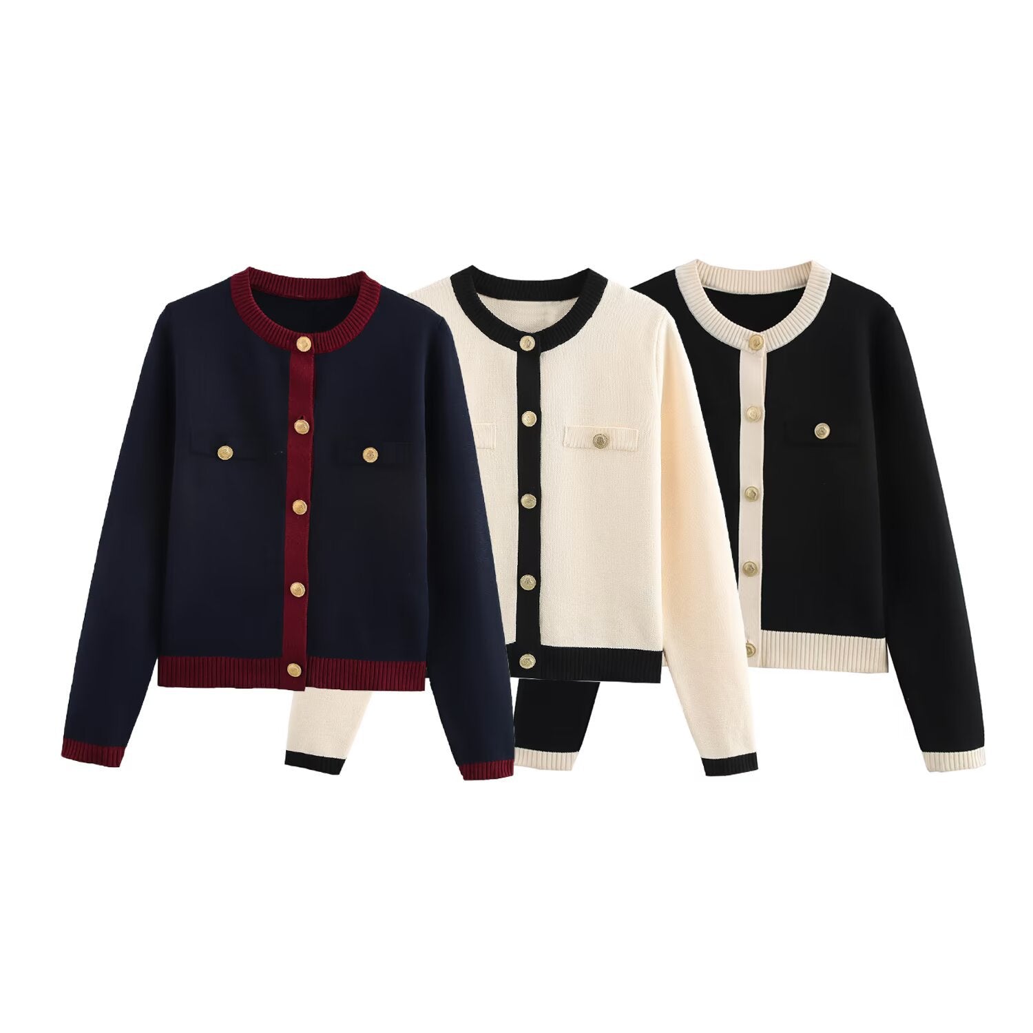 Valenzora | Spring Golden Button Contrast Knit Cardigan Top