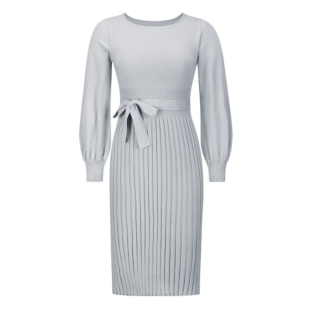 Damen-Strickkleid mit verstellbarem Gürtel und langen Ärmeln, Größe