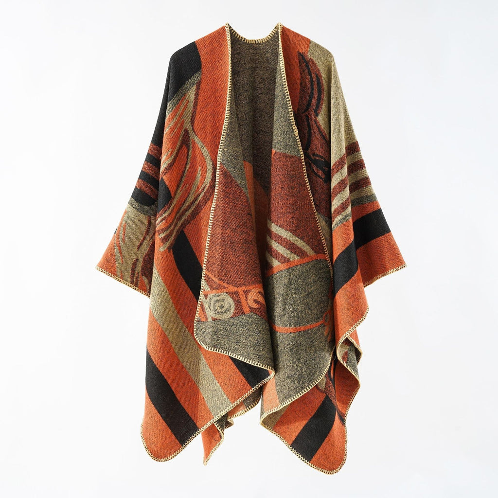 Women's elegant knitted poncho with artistic pattern and fine fringe, size Valenzora
