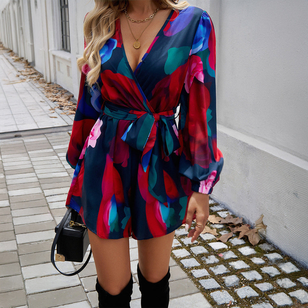 Women's wrap dress with playful floral design and elegant puff sleeves, size [size missing]