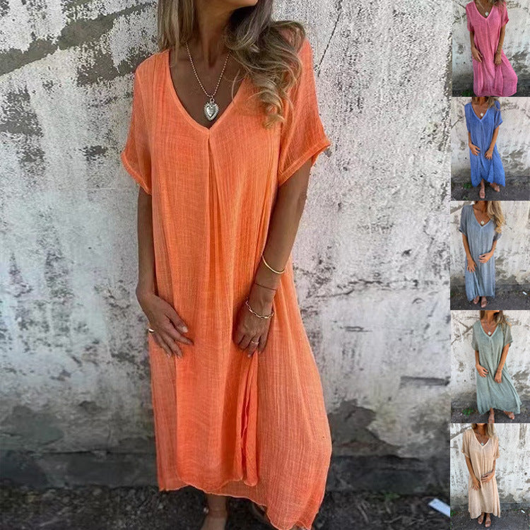 Women's casual midi dress with V-neck and wide flared sleeves, size