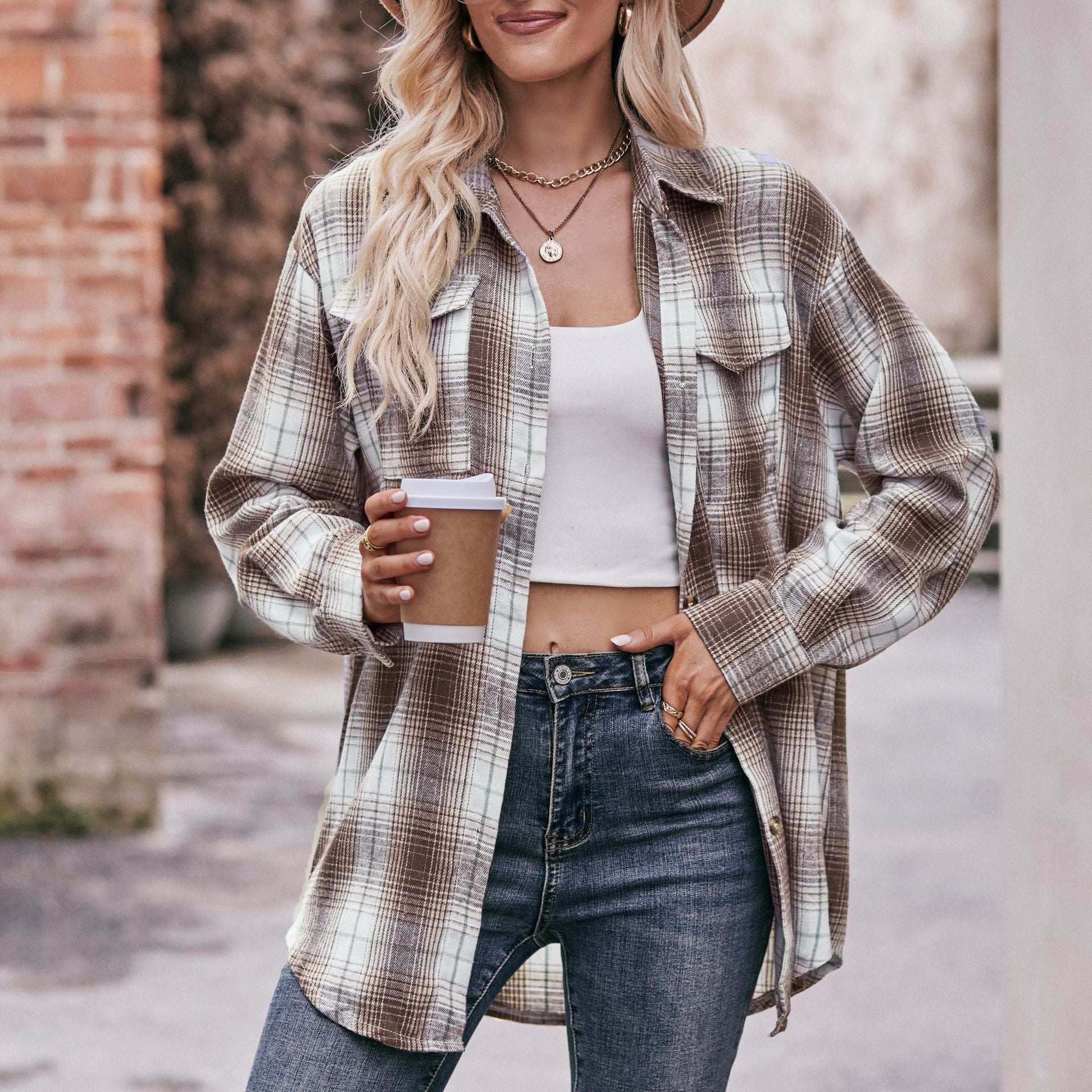 Women's checked shirt with button-up front design and casual knot detail, size Valenzora