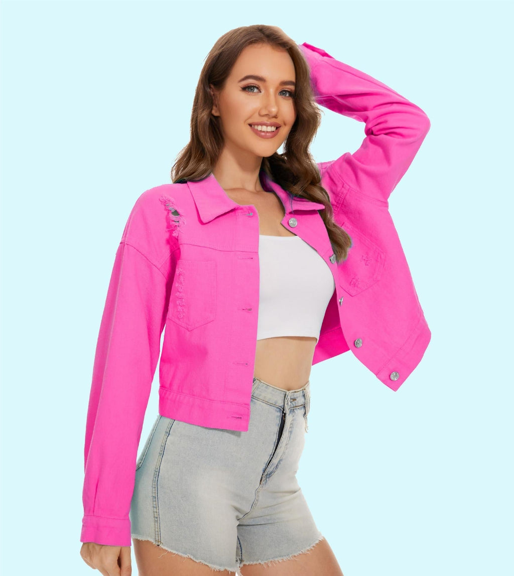 Women's denim jacket in a casual crop style with fringed details, size Valenzora