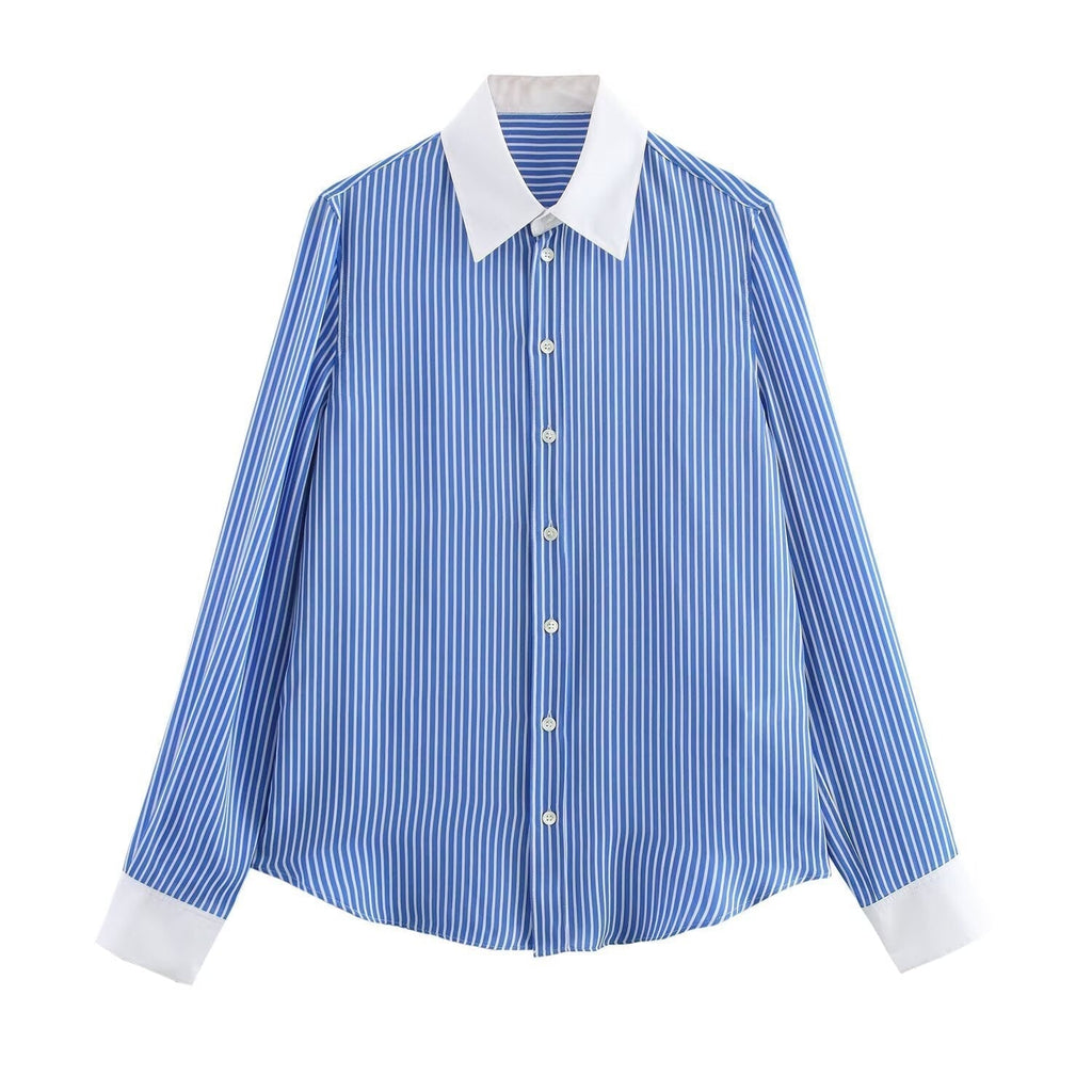 Valenzora | Fashionable Blue and White Striped Lapel Versatile Blouse
