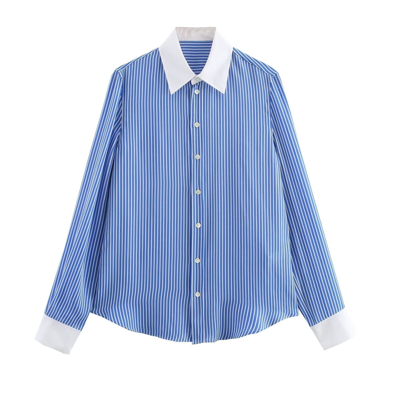 Valenzora | Fashionable Blue and White Striped Lapel Versatile Blouse