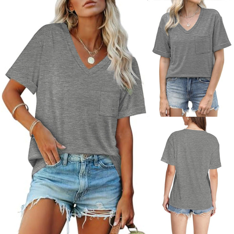 Damen V-Ausschnitt T-Shirt mit Taschen und lässiger Passform, Größe