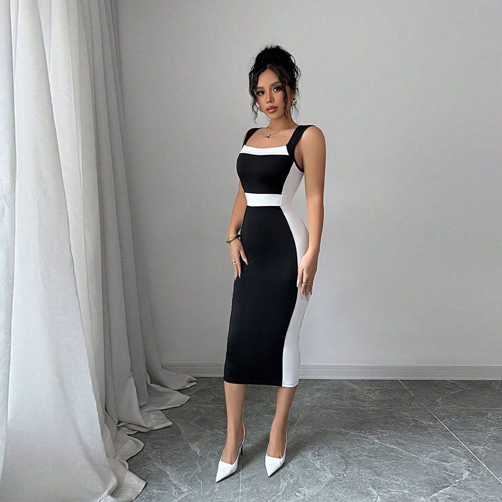 Figurbetontes Midi-Damenkleid mit elegantem Farbkontrast und schickem Ausschnitt, Größe [Größe fehlt]