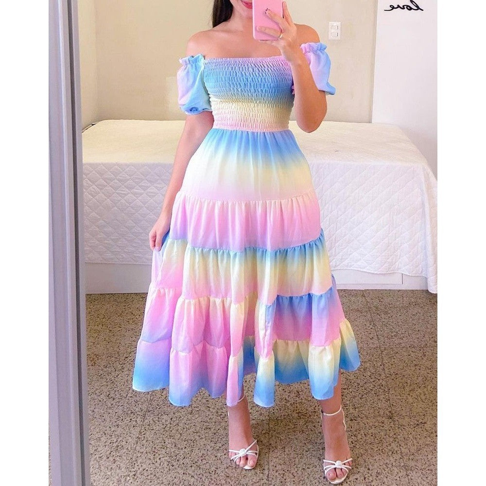 Damen-Midikleid mit schulterfreiem Design und verspieltem Schmetterlingsmuster, Größe S