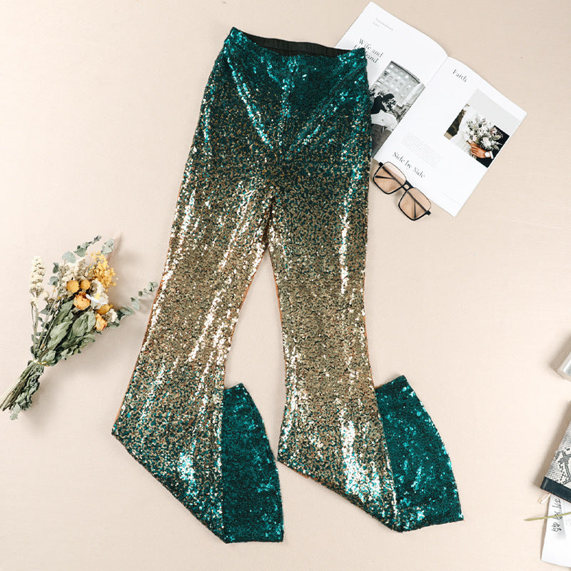 Women's Glittering Flared Trousers with Luxurious Sequin Pattern, Size