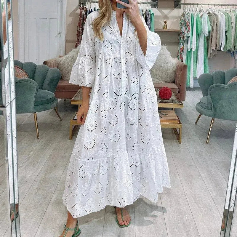 Valenzora | Damen V-Ausschnitt Maxi-Kleid im französischen Stil