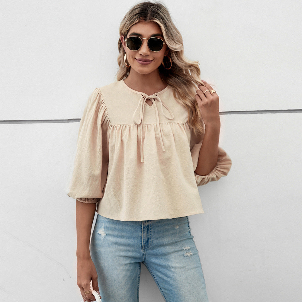 Women's blouse shirt with elegant puff sleeves and chic drawstring, size