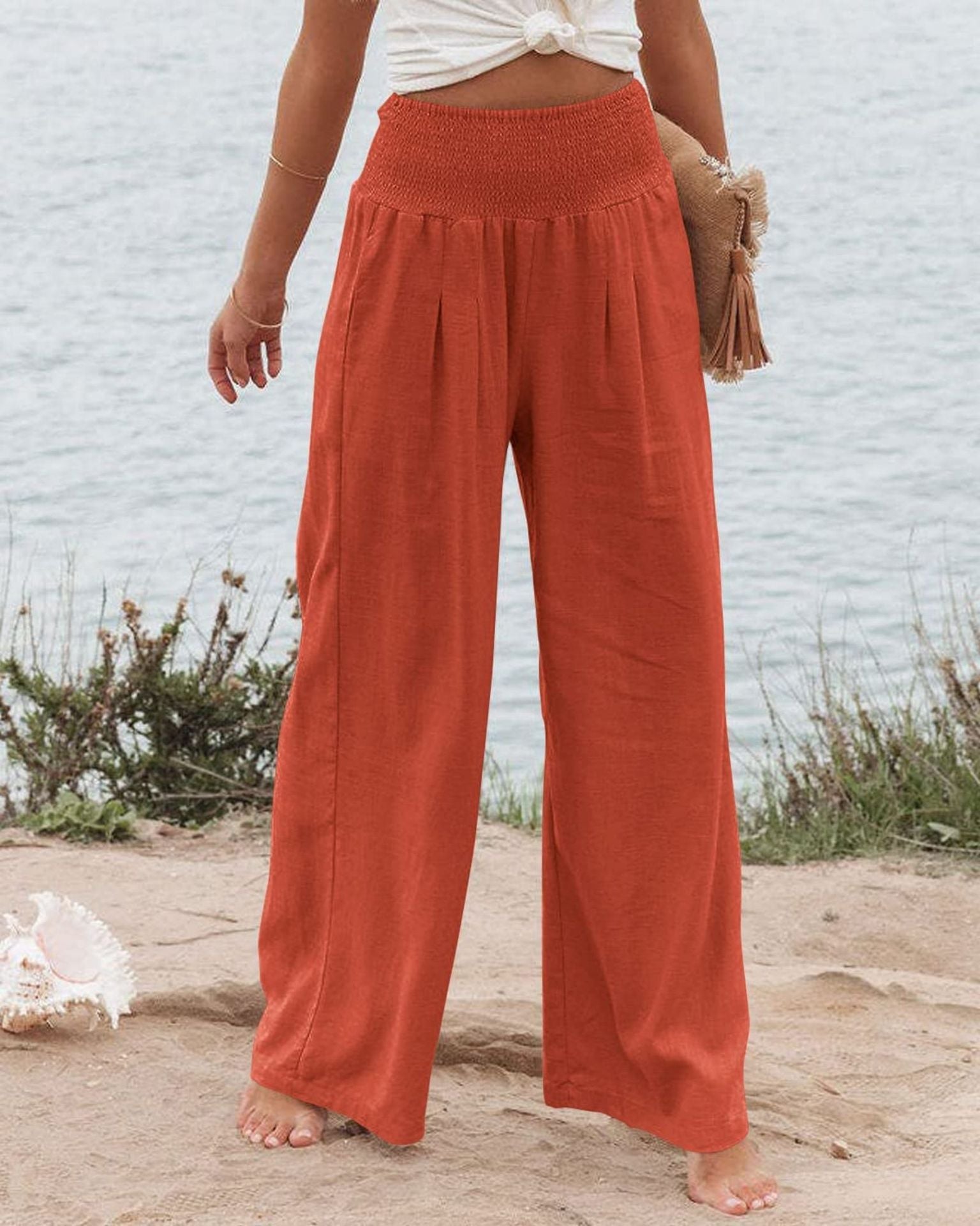 Damen-Leinenhose mit weitem Bein, elastischem Bund und Bundfalten, Größe