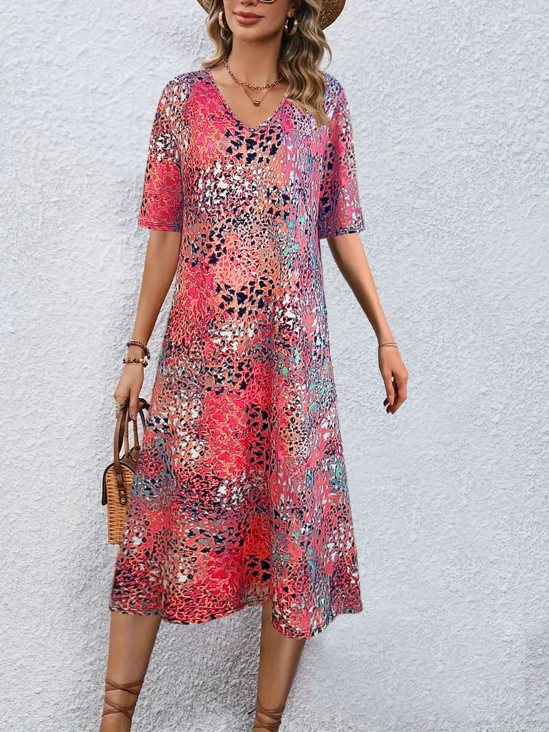 Damen-Midikleid mit V-Ausschnitt im lässigen Animal-Print-Stil, Größe S