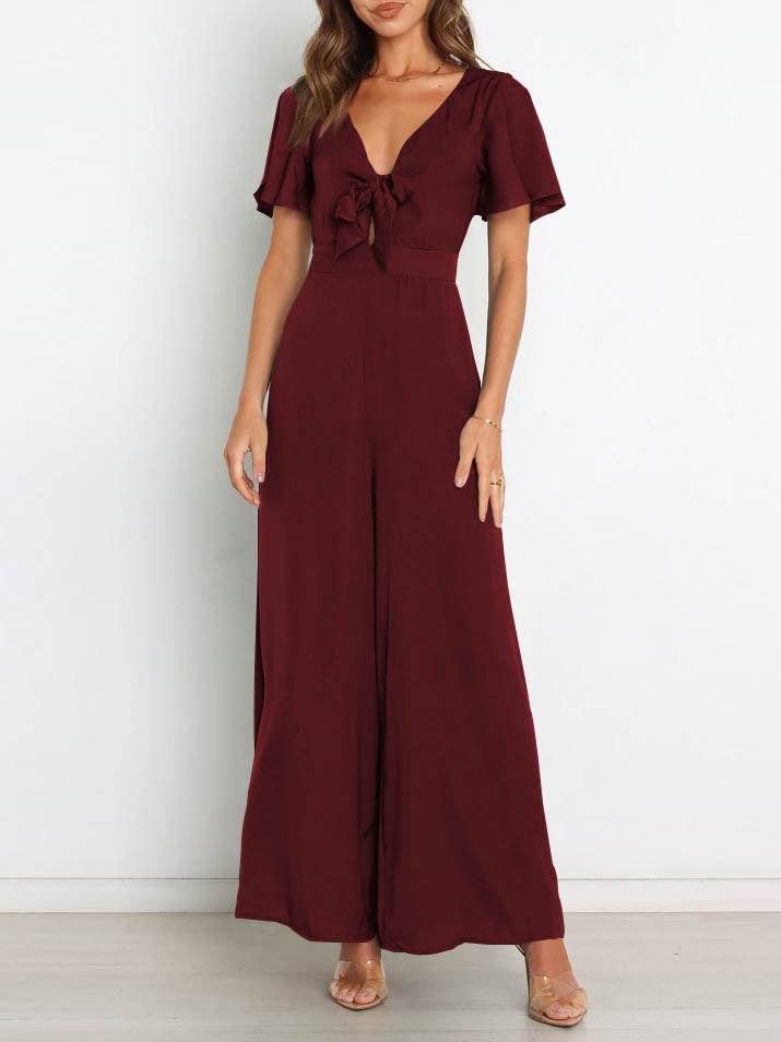 Valenzora | Short-sleeved wide-leg casual V-neck jumpsuit