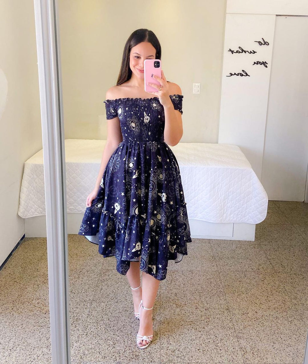 Women's summer off-the-shoulder dress with a colorful butterfly pattern and flowing pleats, size S