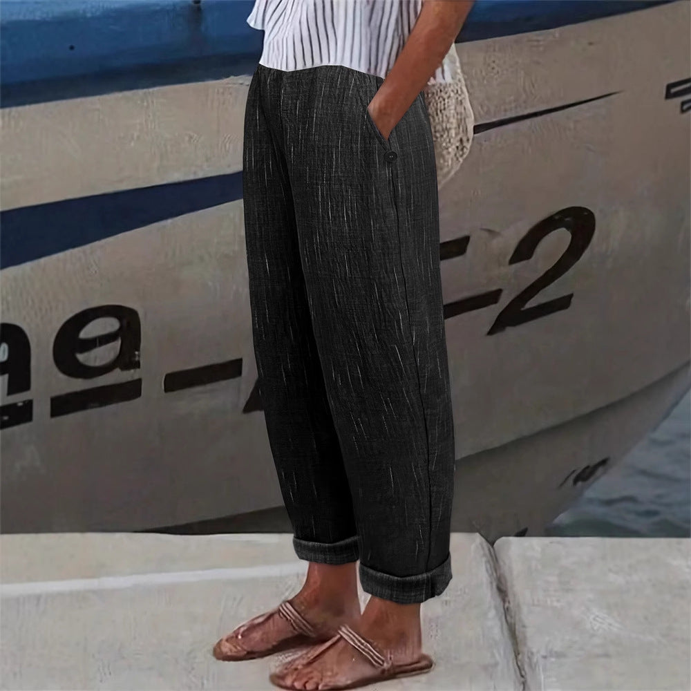 Bequeme und luftige Leinenhose für Damen mit seitlichen Taschen, Größe