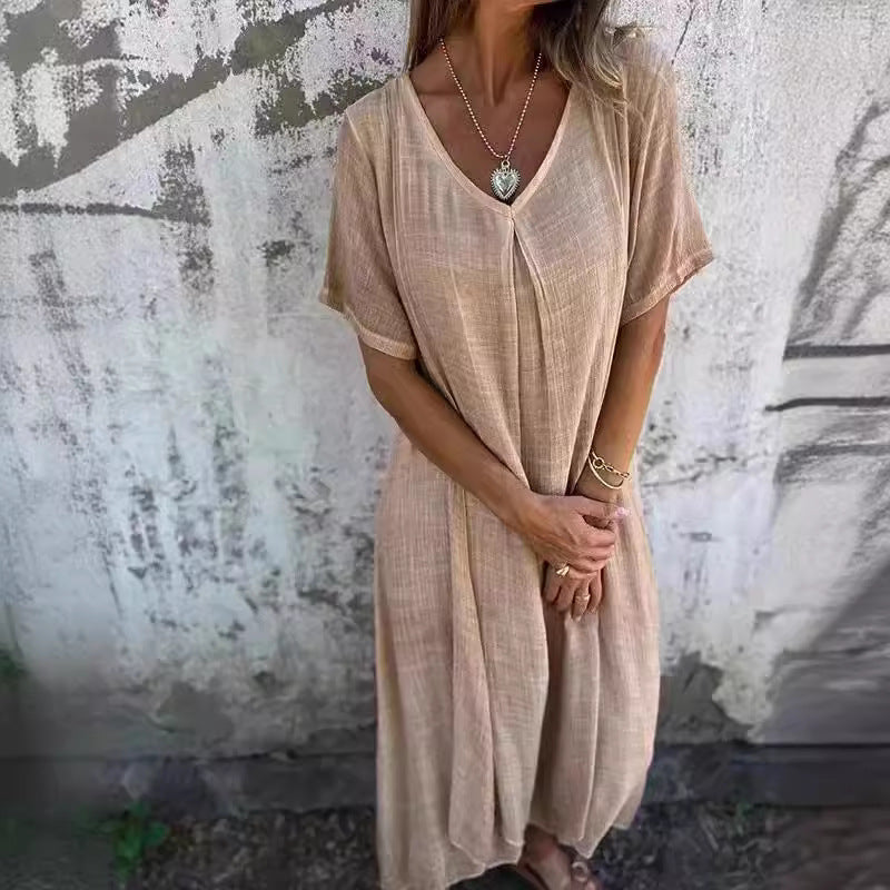 Women's casual midi dress with V-neck and wide flared sleeves, size