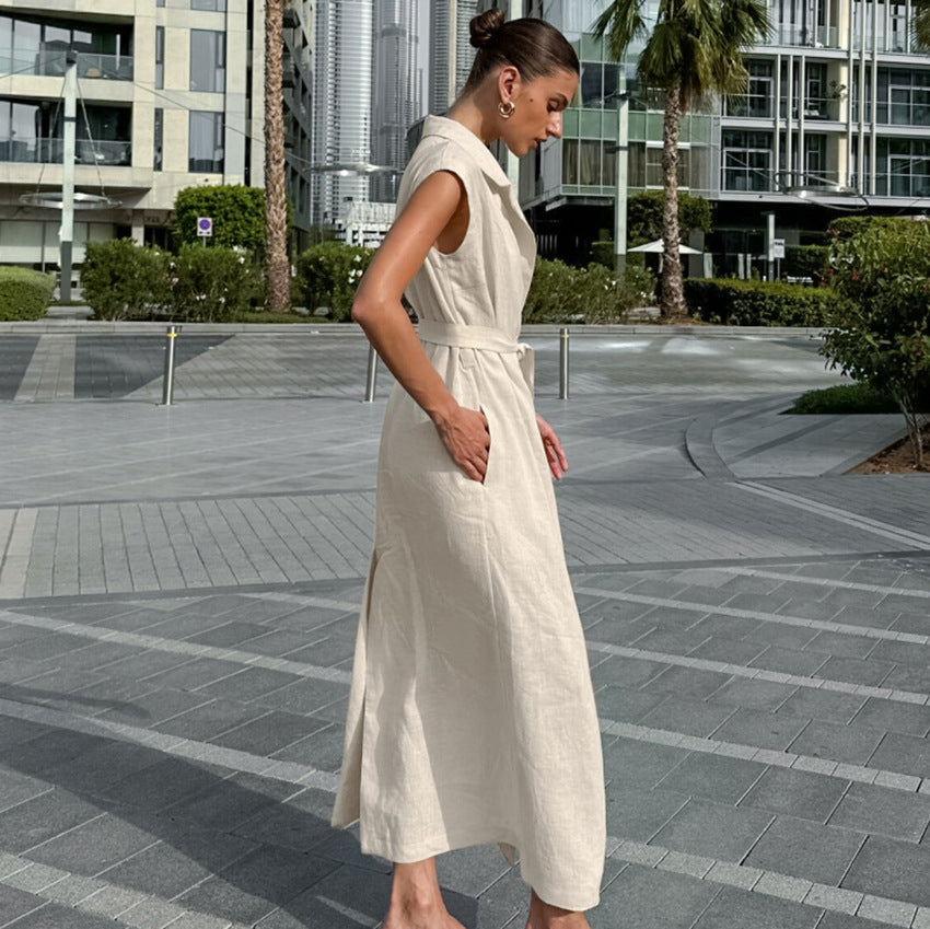 Valenzora | Long Dress Cotton Linen Blend High Waist Wrap Sleeveless Collared Design
