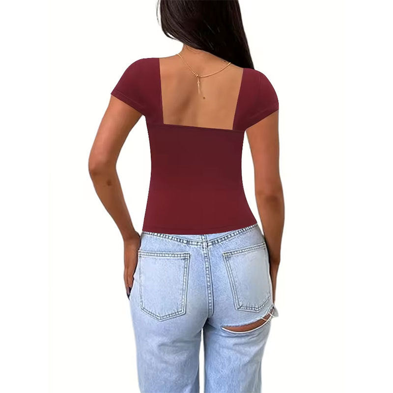 Women's top with a modern sweetheart neckline and chic cut, size S