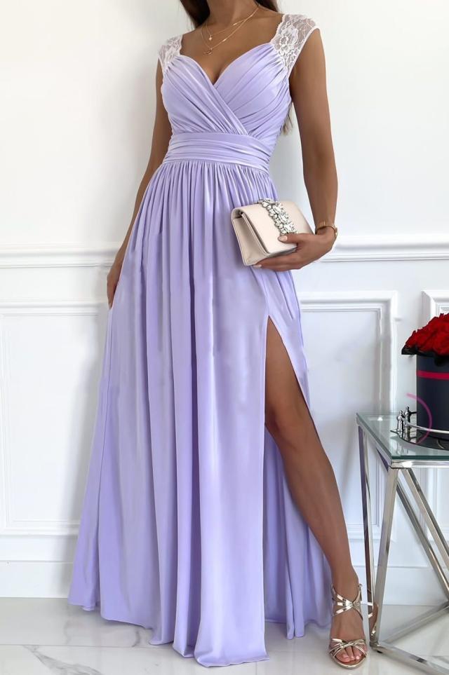 Glamorous ruffled evening dress with V-neck & slit