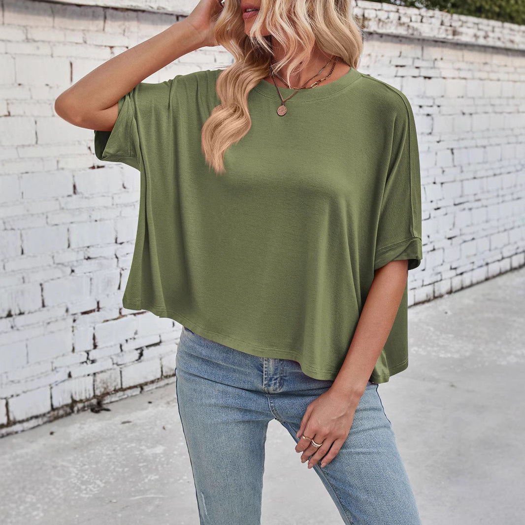 Women's casual cropped top with wide sleeves and round neckline, size