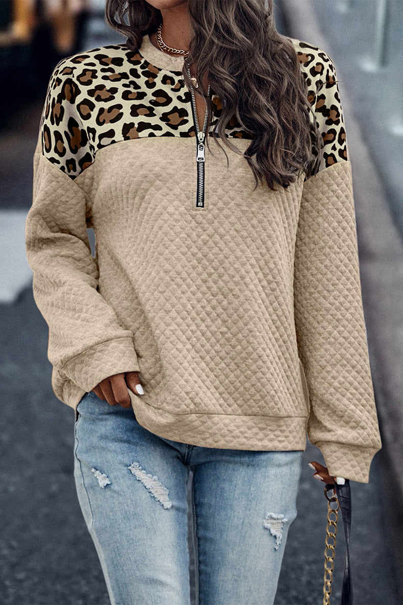 Großer Leopard Patchwork Reißverschluss Pullover Sweatshirt
