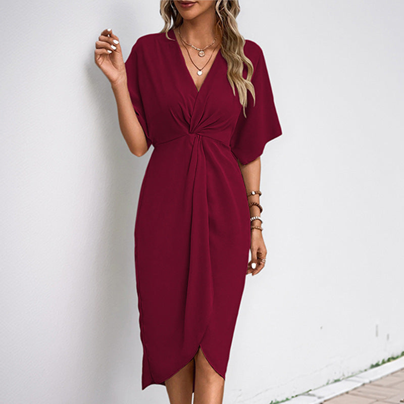 Women's wrap dress with flowing V-neck and side slit, size