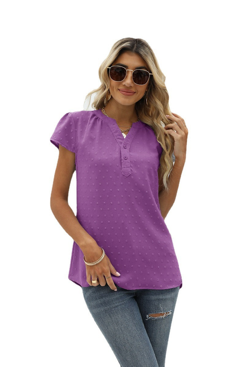 Valenzora | Jacquard Chiffon Loose V-Neck Short Sleeve Top