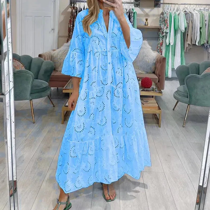 Valenzora | Damen V-Ausschnitt Maxi-Kleid im französischen Stil