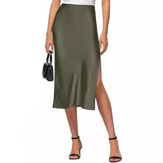 Women's satin midi skirt with high slit, size