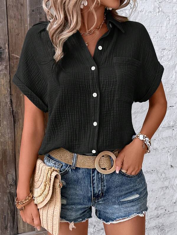 Women's casual short-sleeved shirt blouse in textured fabric, size Valenzora