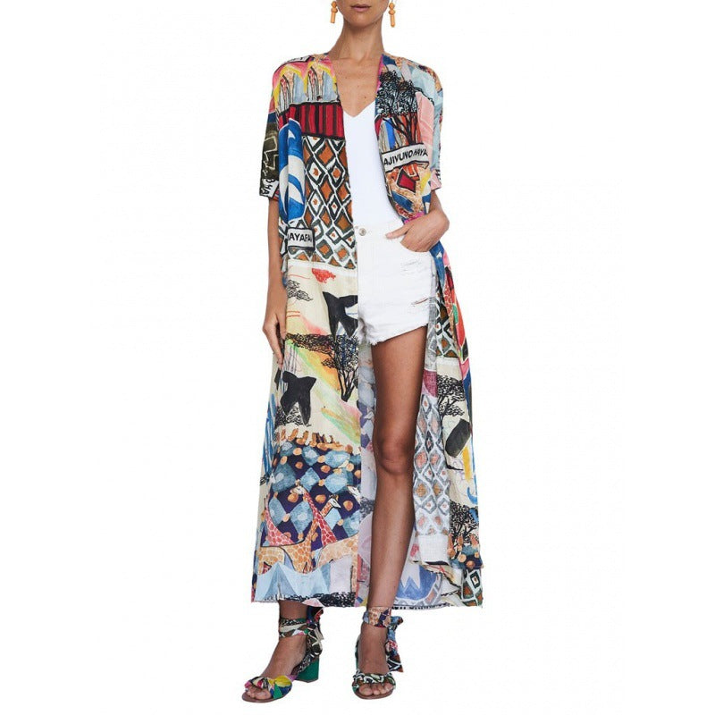 Damen-Kimono mit buntem Patchwork-Design und fließendem Stoff, Größe S