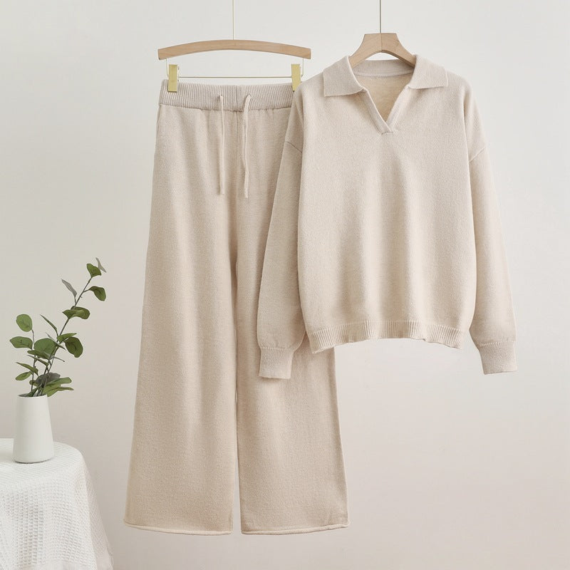 Valenzora | Lapel collar top and drawstring wide-leg trousers set