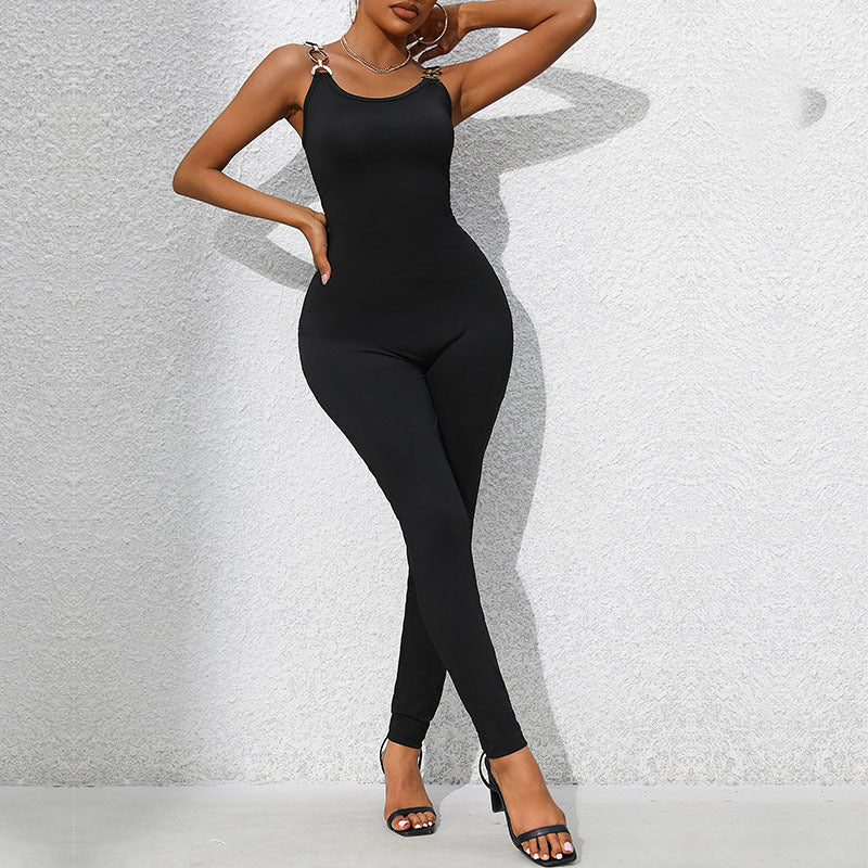 Women's jumpsuit with decorative shoulder rings, size