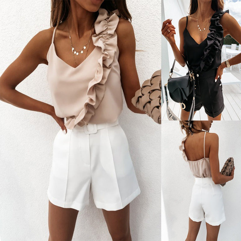 Women's top with ruffles and elegant V-neck, size