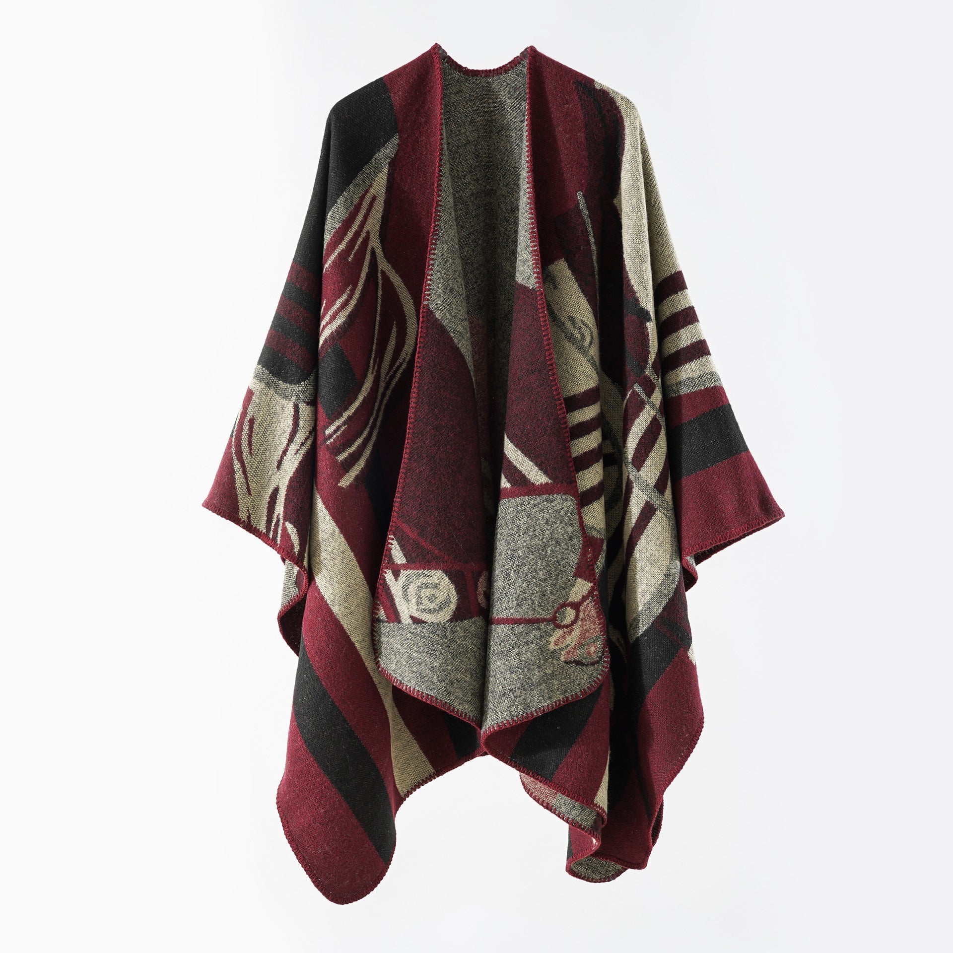 Women's elegant knitted poncho with artistic pattern and fine fringe, size Valenzora