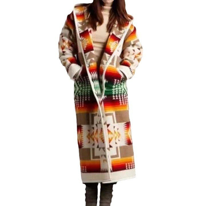 Women's long cardigan in a colorful ethnic design and modern cut, size